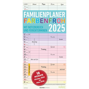 Familieplanner kleurrijk 4 kolommen voor 18 maanden 2025