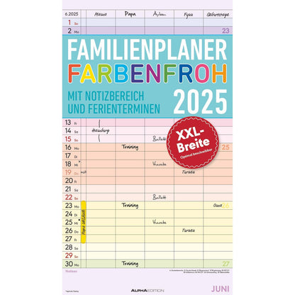 Familieplanner kleurrijk met 5 kolommen 2025