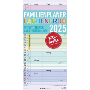 Familieplanner kleurrijk 2025 met 3 kolommen